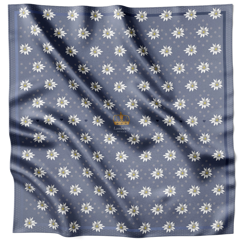 Blaues Alpine Edelweiss Seidentuch 70 × 70 cm flach ausgelegt mit Kronenmotiv und Bordüre