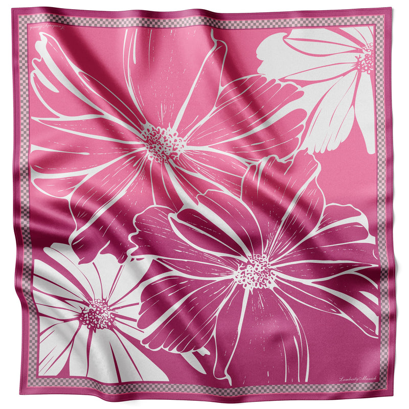 Pinkfarbenes Cosmos Flower Seidentuch 70 × 70 cm flach ausgelegt mit Karo-Bordüre