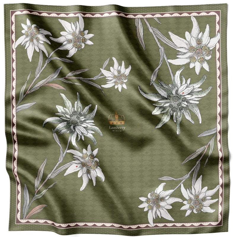 Olivfarbenes Edelweiss Alpenglow Seidentuch 70 × 70 cm flach ausgelegt mit gebogener Bordüre