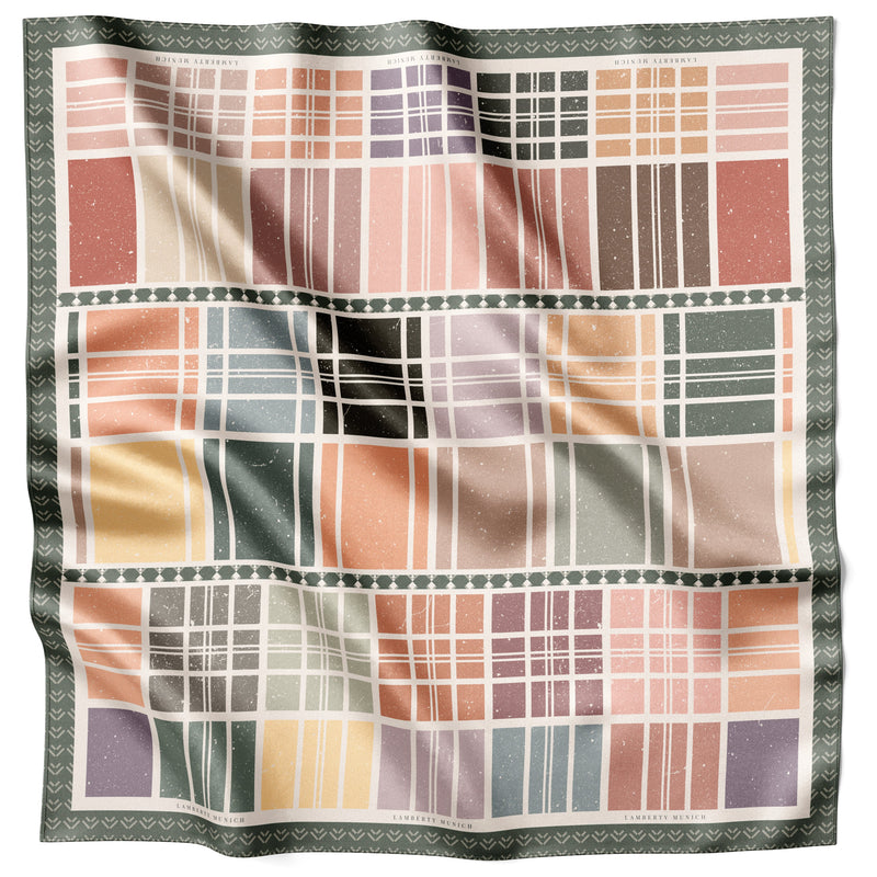 Soft Grid Retro Seidentuch 70 × 70 cm flach ausgelegt mit gedämpftem Karo und gemusterter Bordüre