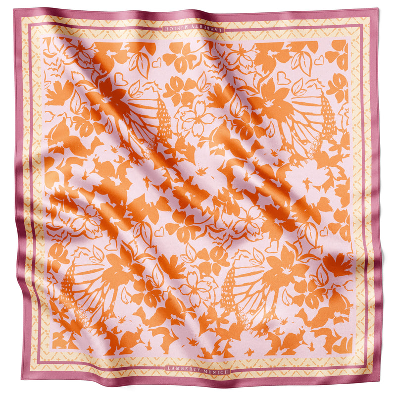 Spring Florals In Bloom Seidentuch in Orange-Rosé flach ausgelegt mit Linolschnittblüten