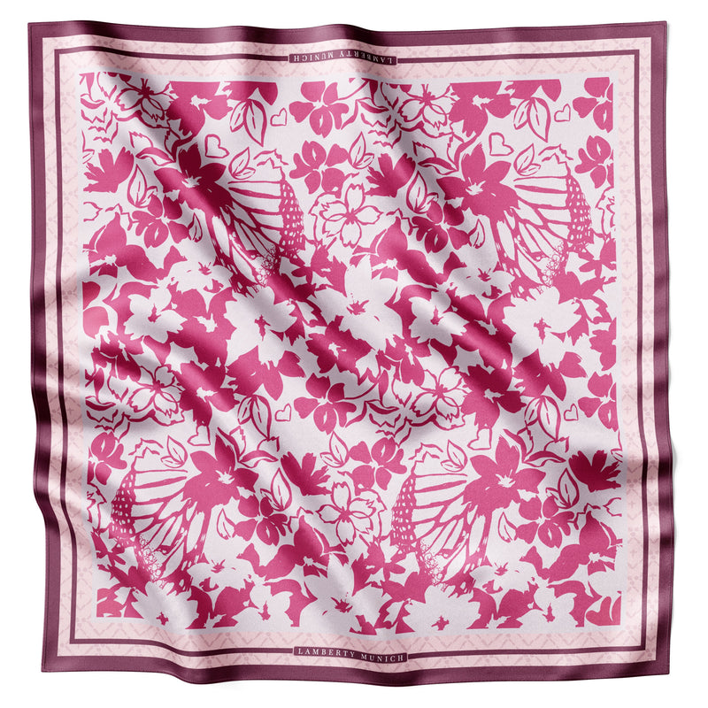 Zartrosa Spring Florals In Bloom Seidentuch flach ausgelegt mit Linolschnittblüten und bordeauxfarbenem Rand