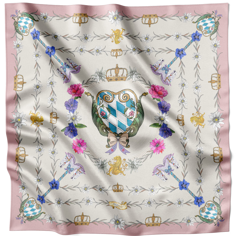 Roséfarbenes The Mystical Edelweiss Seidentuch 90 × 90 cm flach ausgelegt mit rosé getönter Bordüre