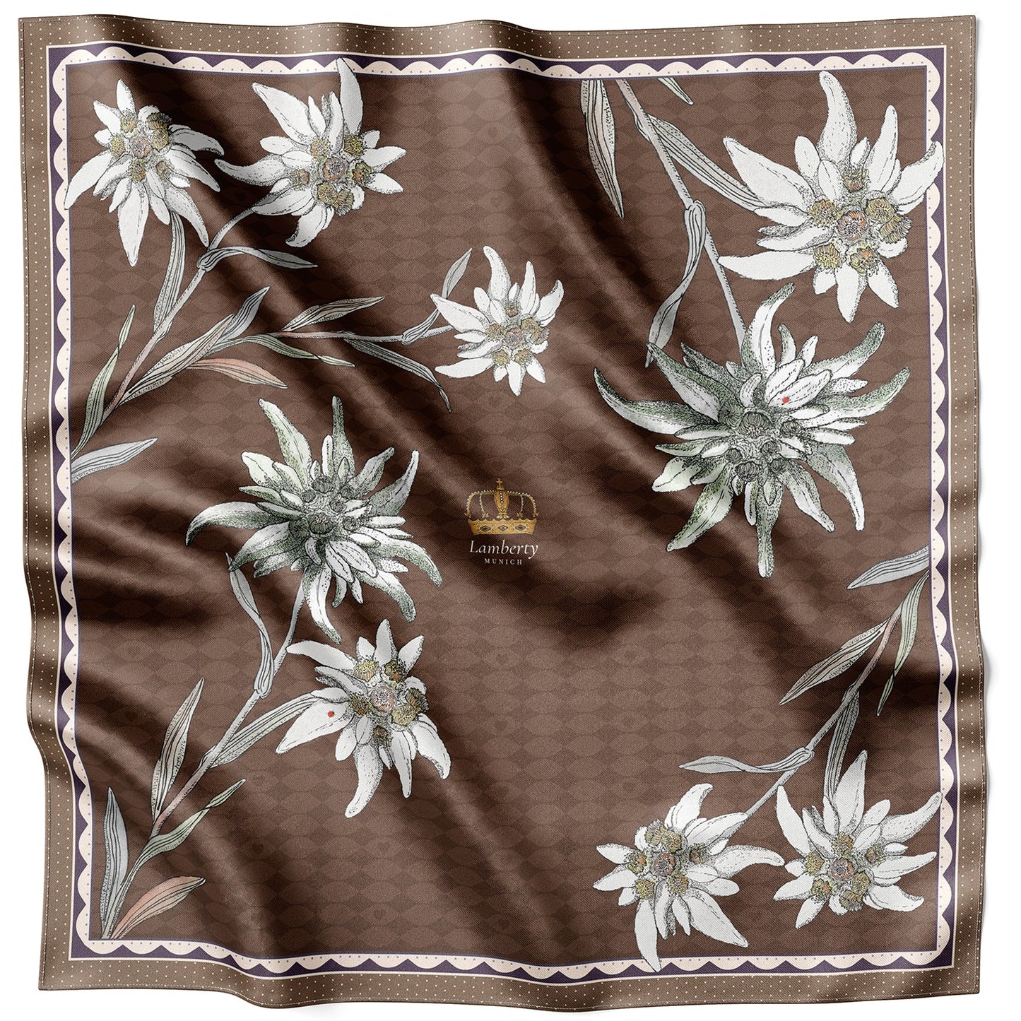 A square brown silk scarf featuring a white and silver floral pattern with edelweiss flowers and a decorative border, displayed flat against a white background.