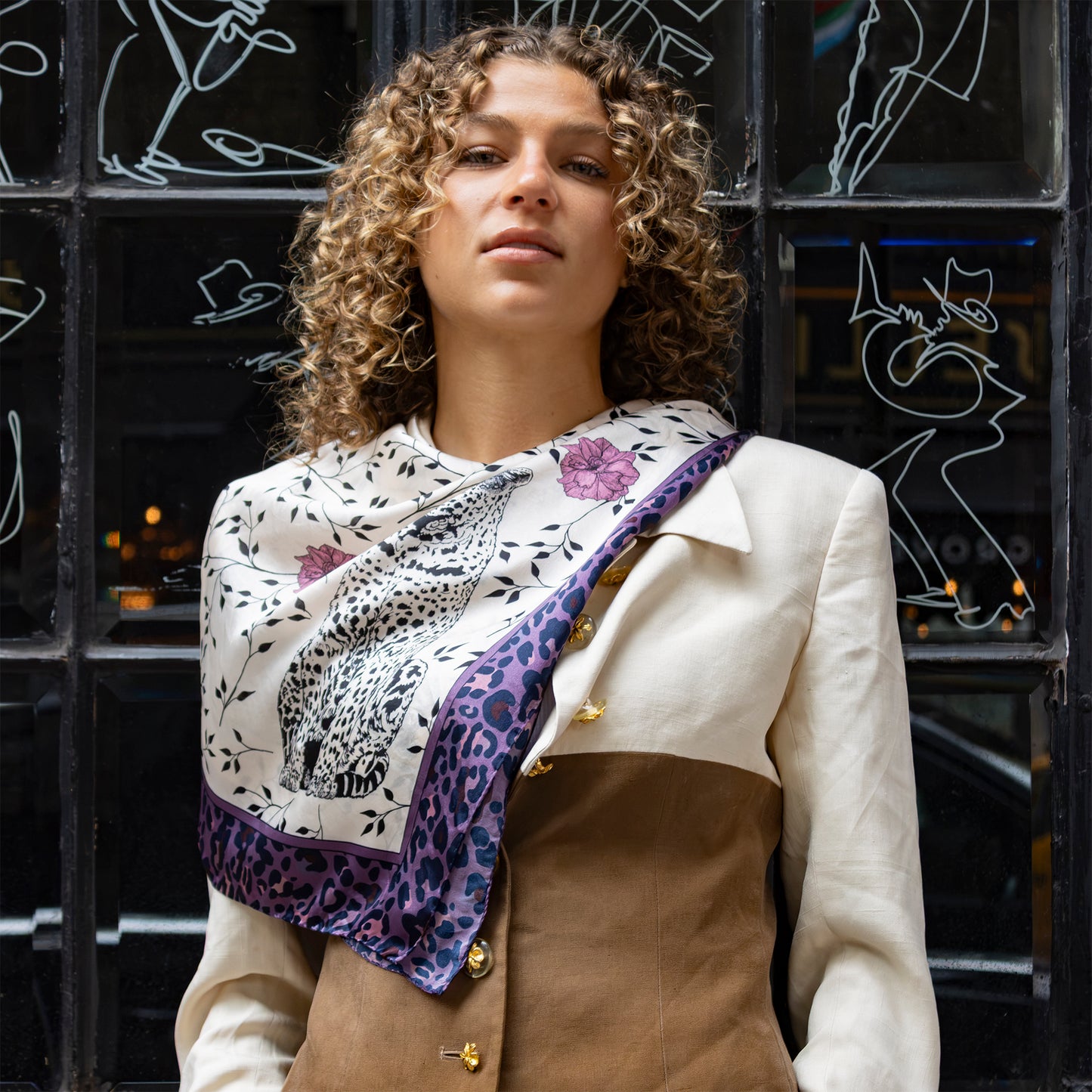 Graceful Leopard Classic Italian Mulberry Silk Scarf 90 Neutrals Purple