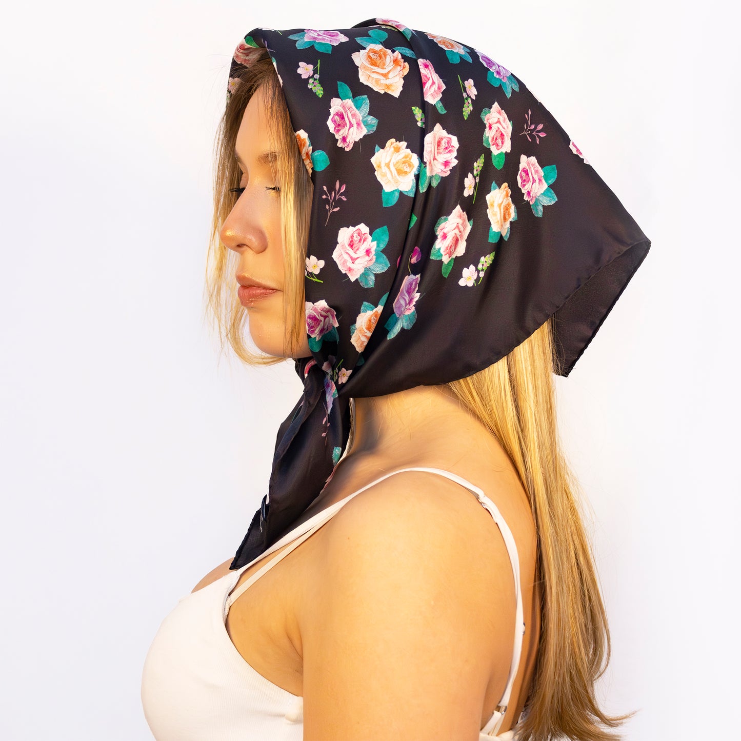 Ditsy Rose Italian Silk Scarf 70 Black