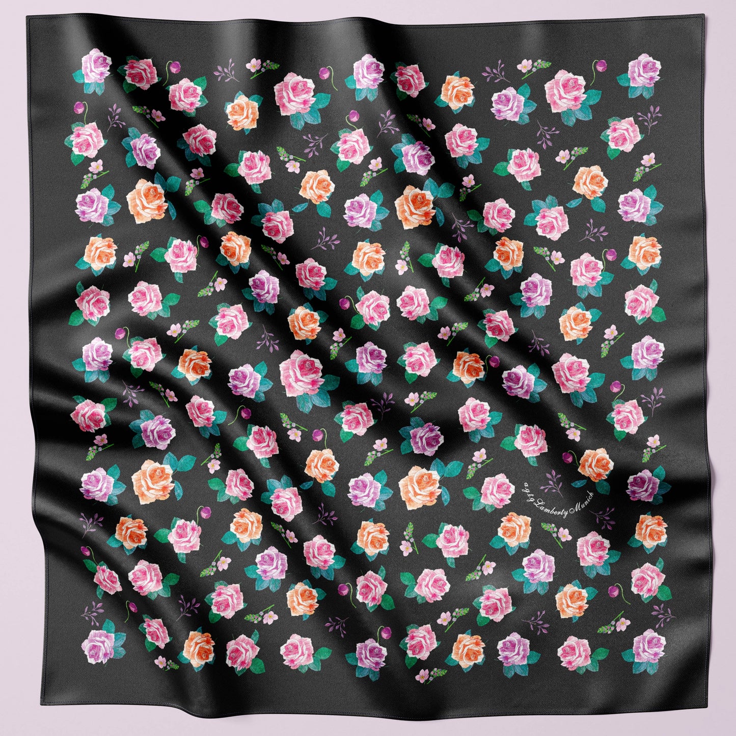 Ditsy Rose Italian Silk Scarf 70 Black