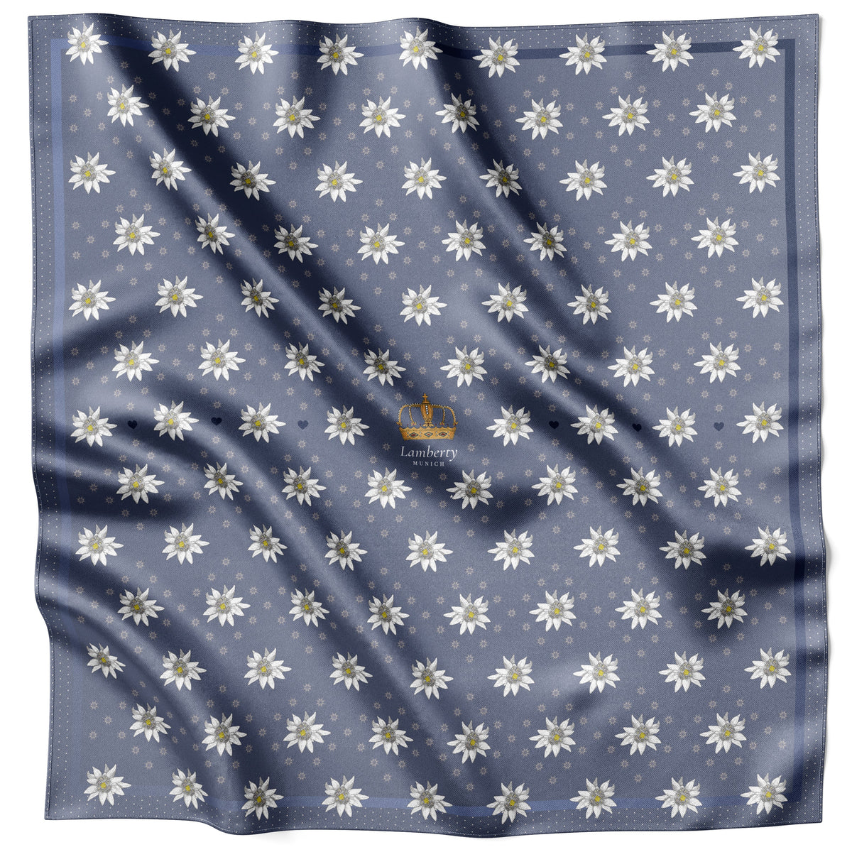 Blue Alpine Edelweiss silk scarf 70 × 70 cm laid flat with the crown motif and border visible