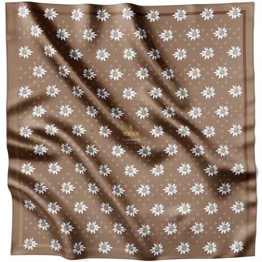 Braunes Alpine Edelweiss Seidentuch 70 × 70 cm flach ausgelegt mit Kronenmotiv und Bordüre