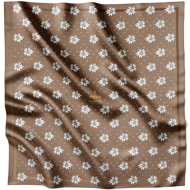 Braunes Alpine Edelweiss Seidentuch 70 × 70 cm flach ausgelegt mit Kronenmotiv und Bordüre