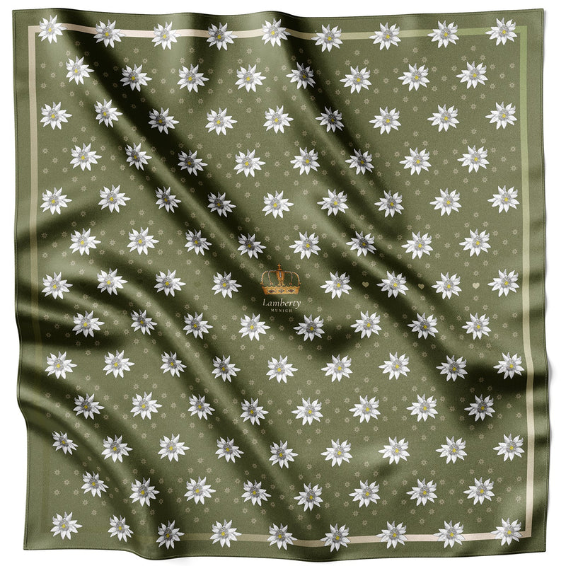 Olivfarbenes Alpine Edelweiss Seidentuch 70 × 70 cm flach ausgelegt mit Kronenmotiv und Bordüre
