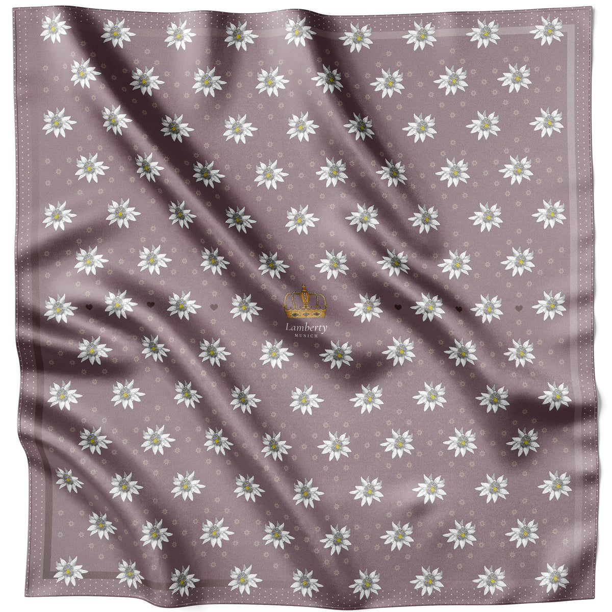 Purple Alpine Edelweiss silk scarf 70 × 70 cm laid flat on a mauve ground with the border visible