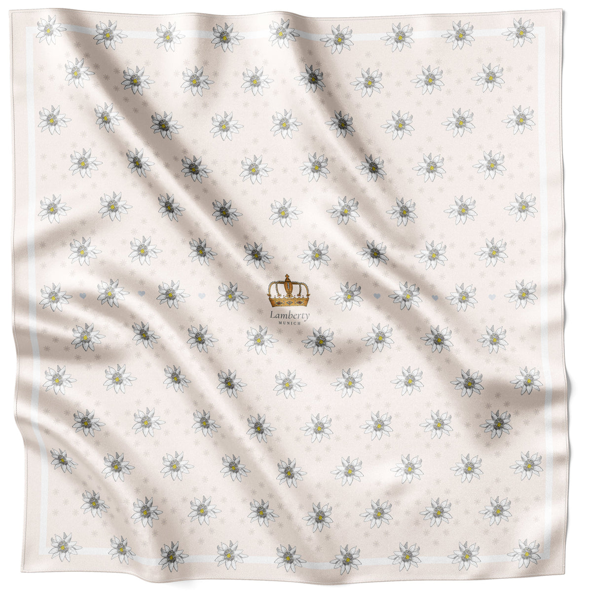 Milk white Alpine Edelweiss Wedding silk scarf laid flat with the crown motif and border