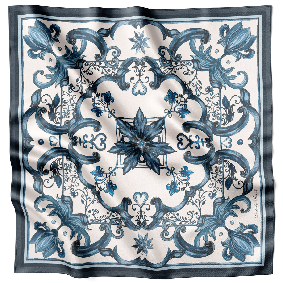 Blue Blue Majolica silk scarf 70 × 70 cm laid flat with the framed border visible