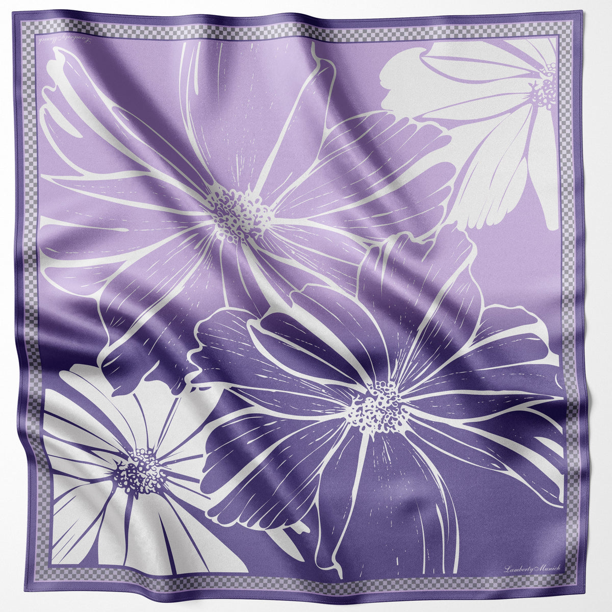 Fliederfarbenes Cosmos Flower Seidentuch 70 × 70 cm flach ausgelegt mit Karo-Bordüre