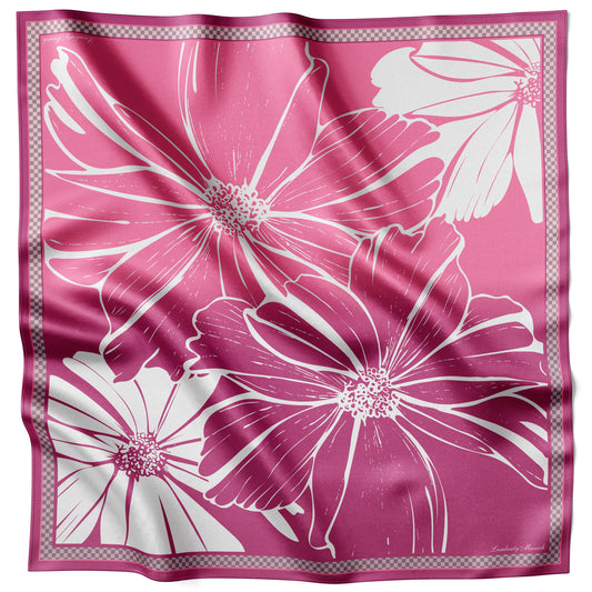 Pinkfarbenes Cosmos Flower Seidentuch 70 × 70 cm flach ausgelegt mit Karo-Bordüre