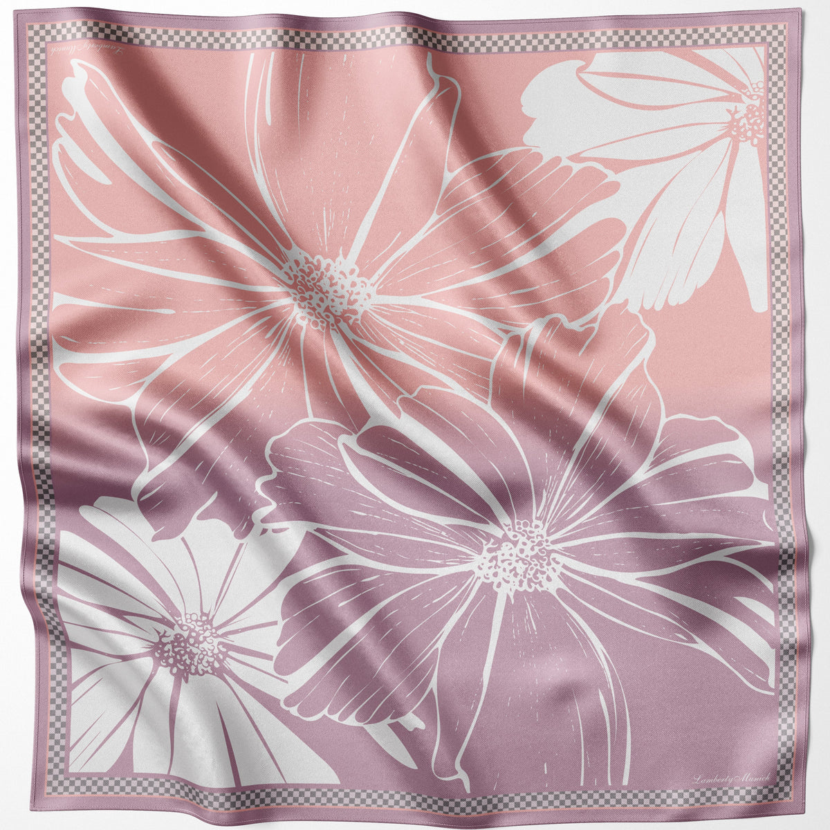 Lachsfarbenes Cosmos Flower Seidentuch flach ausgelegt, Blüten in Rosé und Mauve