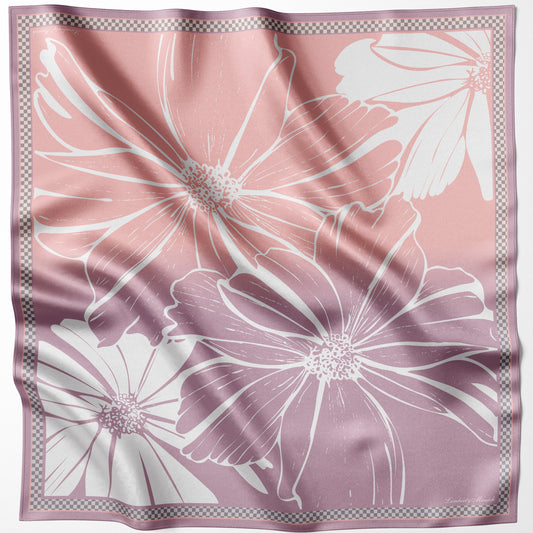 Lachsfarbenes Cosmos Flower Seidentuch flach ausgelegt, Blüten in Rosé und Mauve