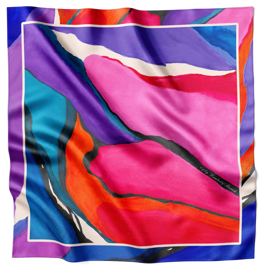 Dancing Pigments Seidentuch flach ausgelegt mit Aquarellmotiv in Pink, Violett und Orange
