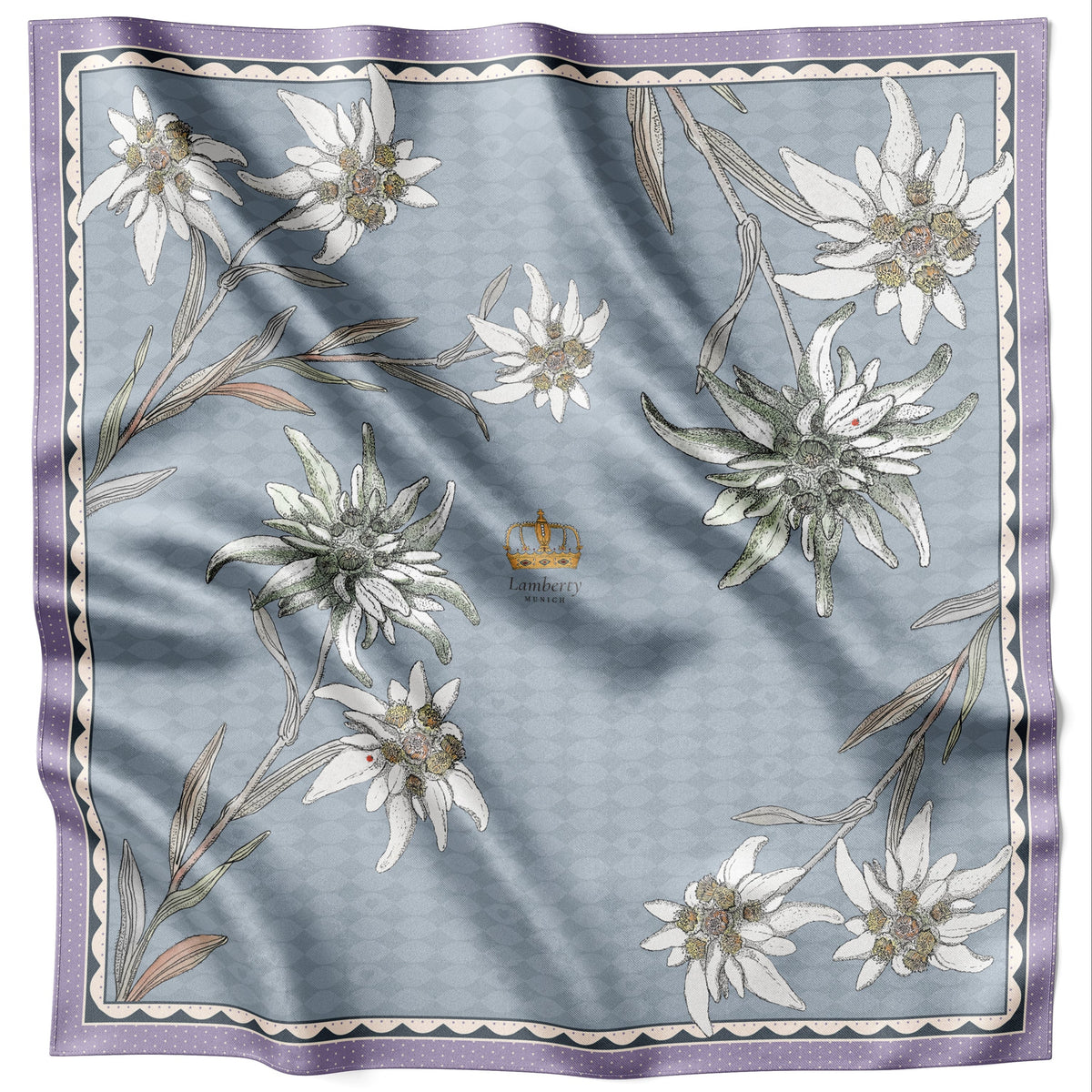 Blue Edelweiss Alpenglow silk scarf 70 × 70 cm laid flat with the crown motif and border visible