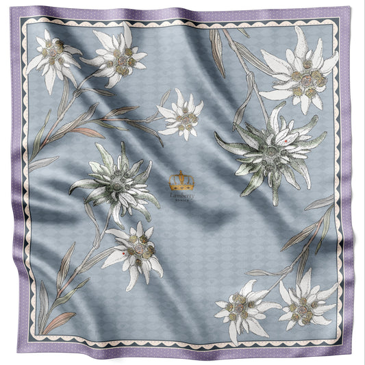 Blue Edelweiss Alpenglow silk scarf 70 × 70 cm laid flat with the crown motif and border visible
