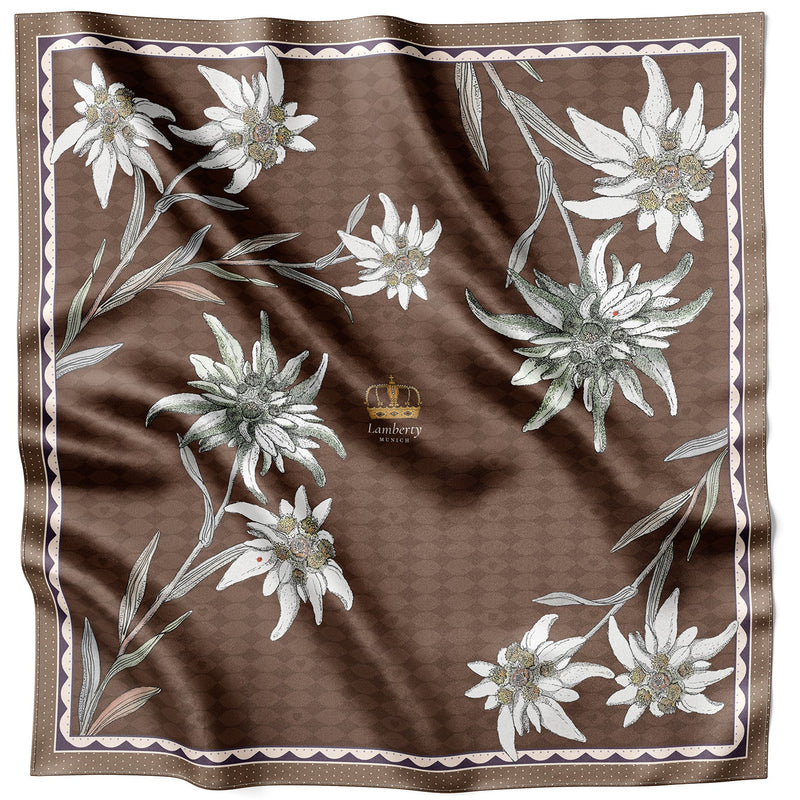 Braunes Edelweiss Alpenglow Seidentuch 70 × 70 cm flach ausgelegt mit gebogener Bordüre