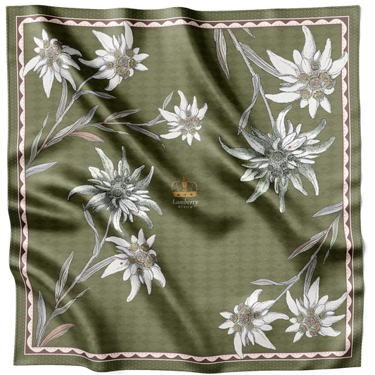Olivfarbenes Edelweiss Alpenglow Seidentuch 70 × 70 cm flach ausgelegt mit gebogener Bordüre