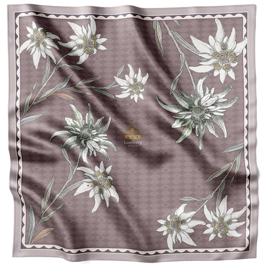 Purple Edelweiss Alpenglow silk scarf 70 × 70 cm laid flat with the scalloped border visible