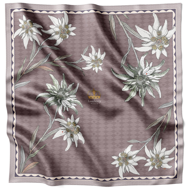Violettes Edelweiss Alpenglow Seidentuch 70 × 70 cm flach ausgelegt mit gebogener Bordüre
