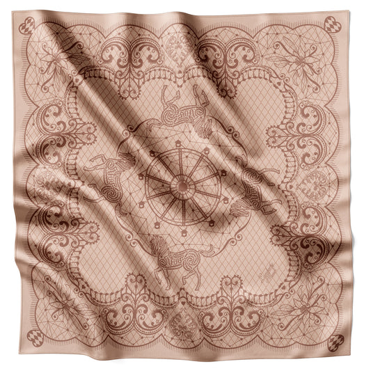 Braunes Horse Festivity Seidentuch 70 × 70 cm flach ausgelegt mit Spitzen- und Pferdemotiv
