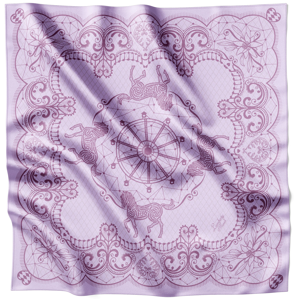 Lilafarbenes Horse Festivity Seidentuch 70 × 70 cm flach ausgelegt mit Spitzen- und Pferdemotiv