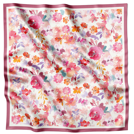 Red Inky Blooms silk scarf 70 × 70 cm laid flat with the watercolour blossoms and pink border