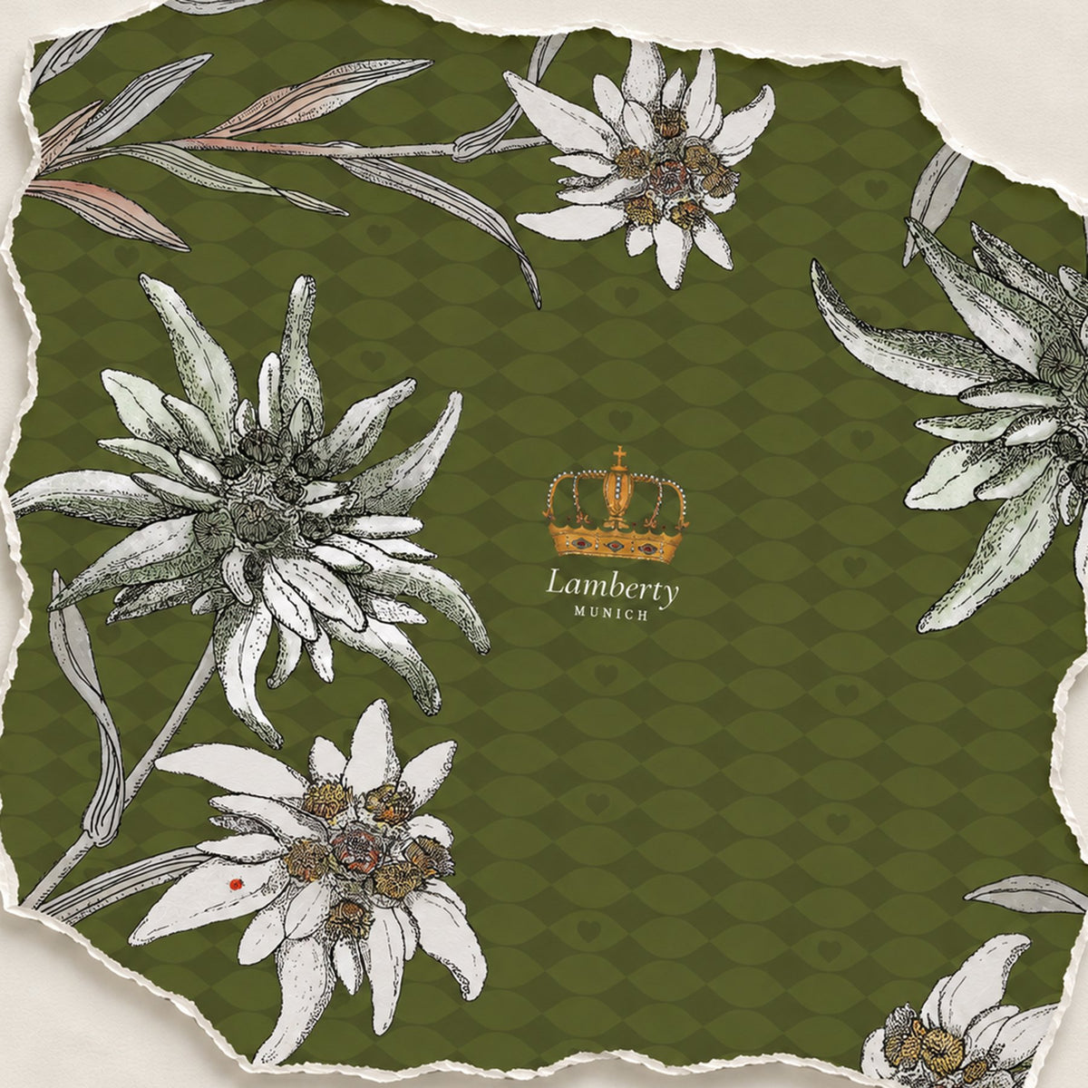 Exclusive silk scarves from the atelier: hand-drawn edelweiss with the Lamberty Munich crown on an olive ground, the design for the Alpine Edelweiss silk scarf in olive