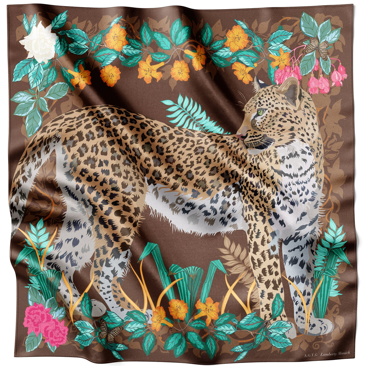 Brown silk scarf laid flat with a central leopard, teal leaves and an orange-pink floral border