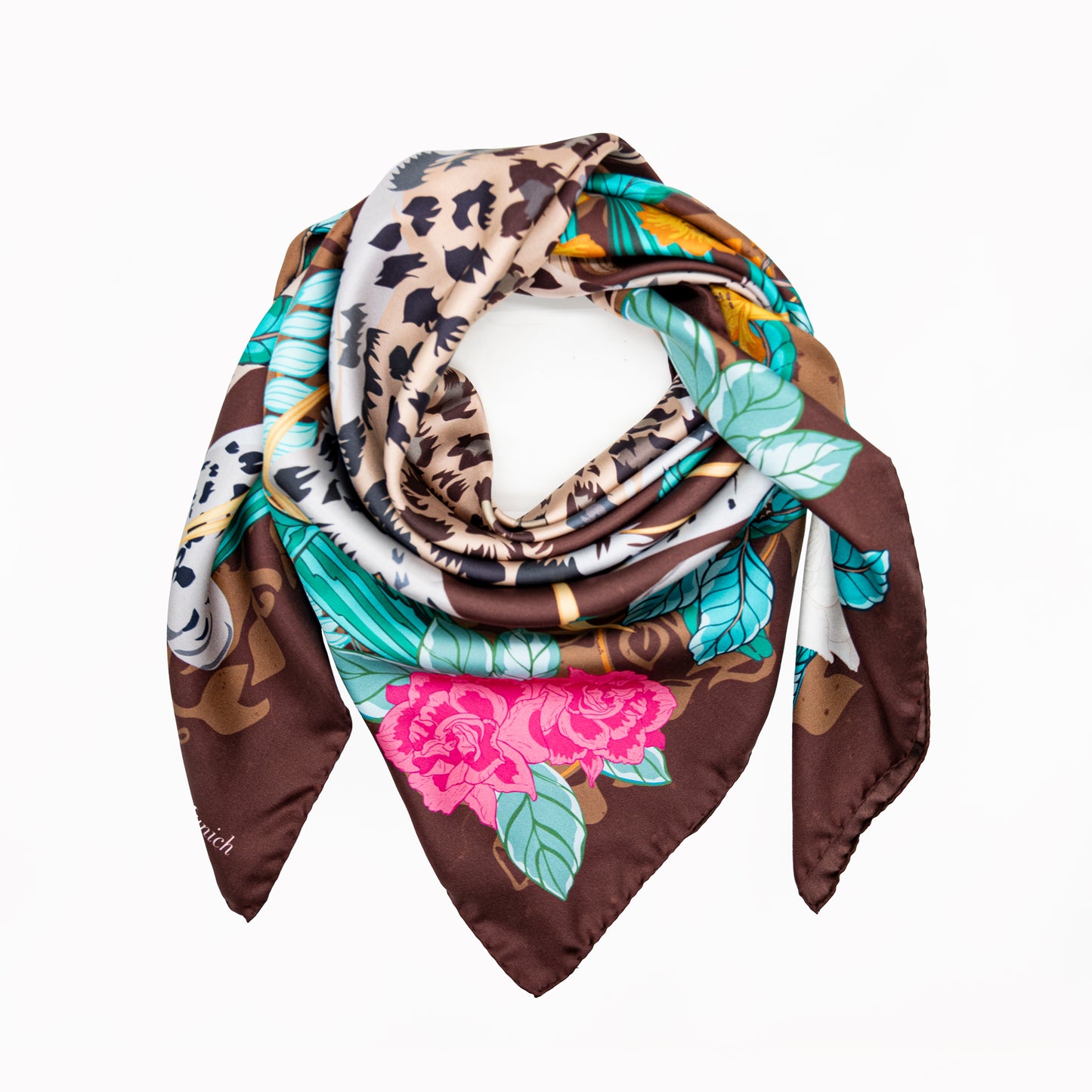 Brown Leopard in Jungle Motif silk scarf arranged in a neck loop against a white background
