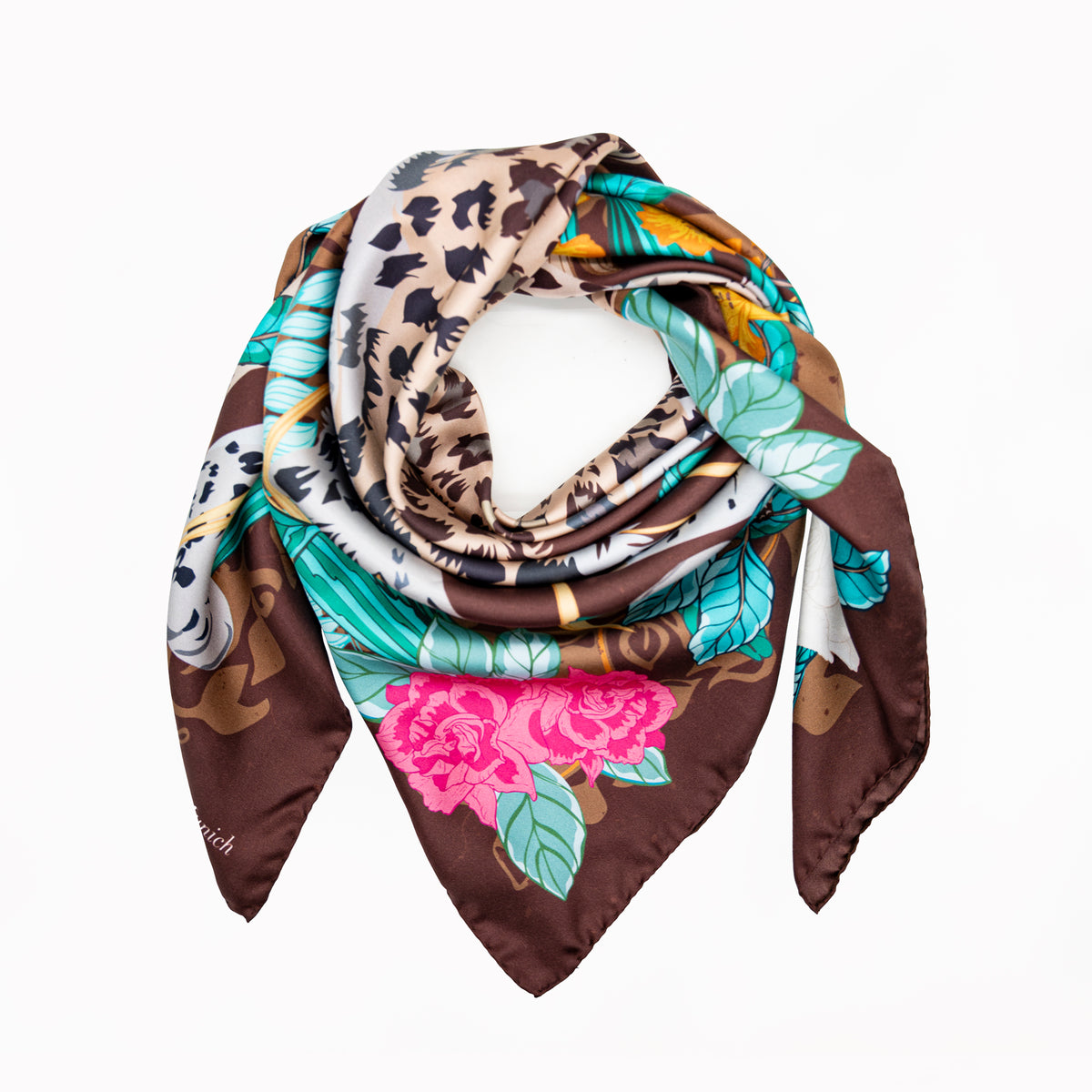 Brown Leopard in Jungle Motif silk scarf arranged in a neck loop against a white background