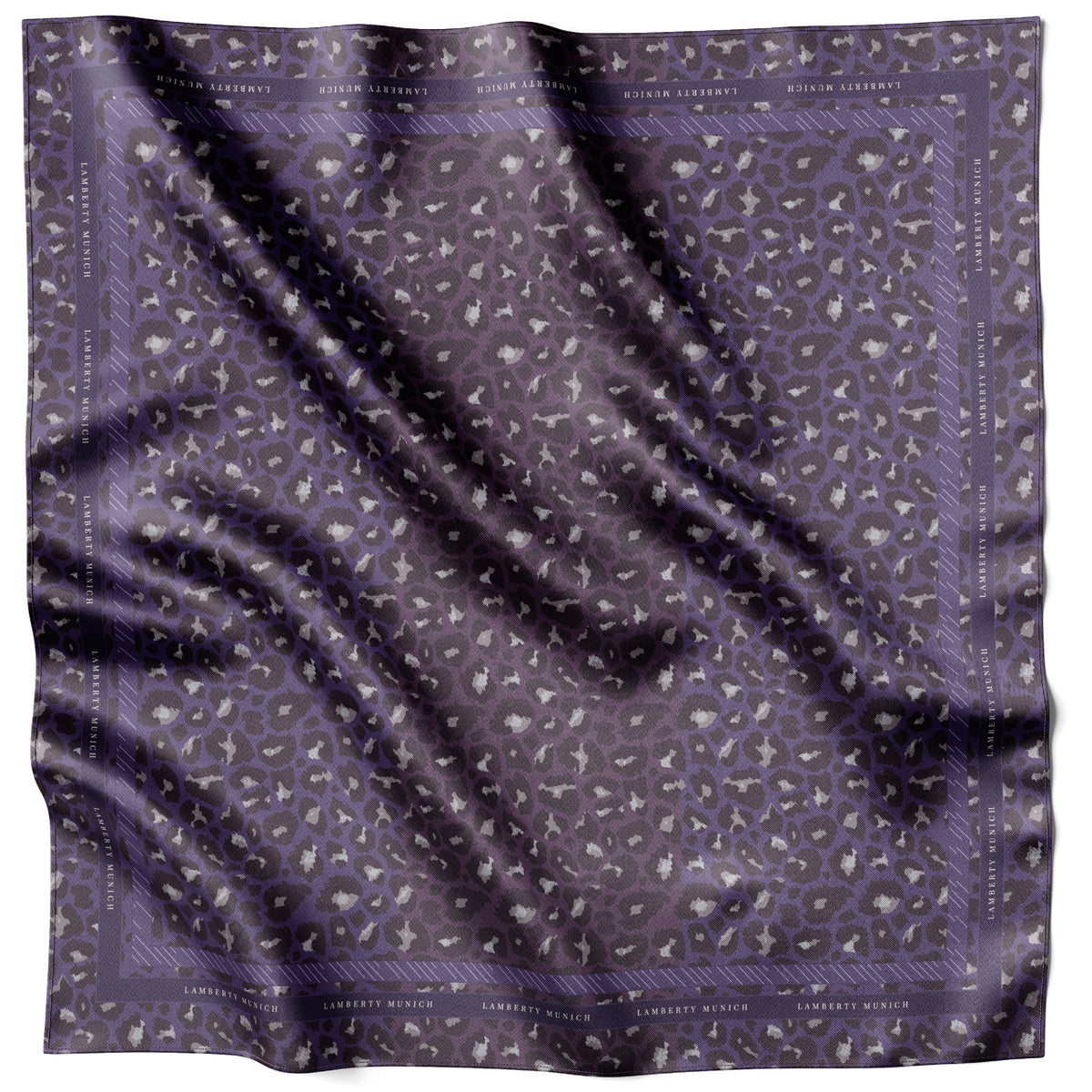 Violettes Winter Wilderness Seidentuch 100 × 100 cm flach ausgelegt mit gerahmter Bordüre