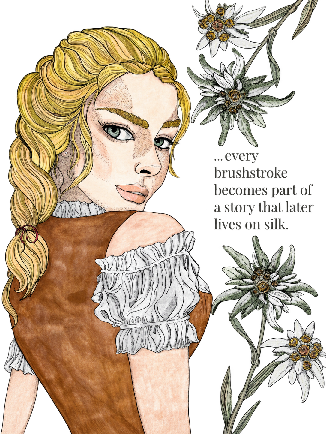 Hand-drawn illustration: woman in a dirndl adorned with edelweiss