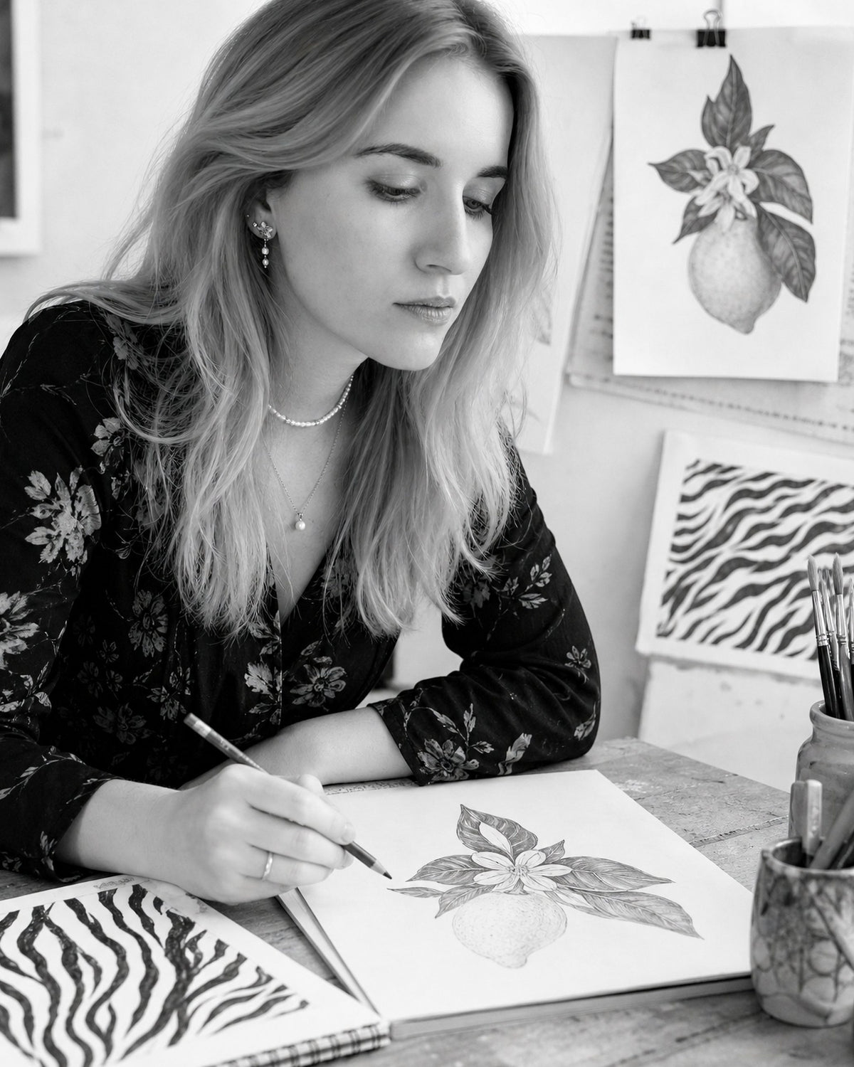 Jowita Lamberty zeichnet im Atelier mit Bleistift eine Zitrone mit Blüte