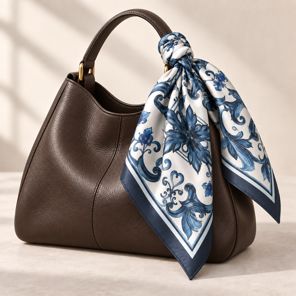 Blaues Blue Majolica Seidentuch 70 × 70 cm am Henkel einer dunkelbraunen Ledertasche geknotet