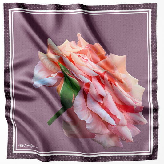 Purple Oversized Rose silk scarf laid flat with a single large rose on a mauve ground