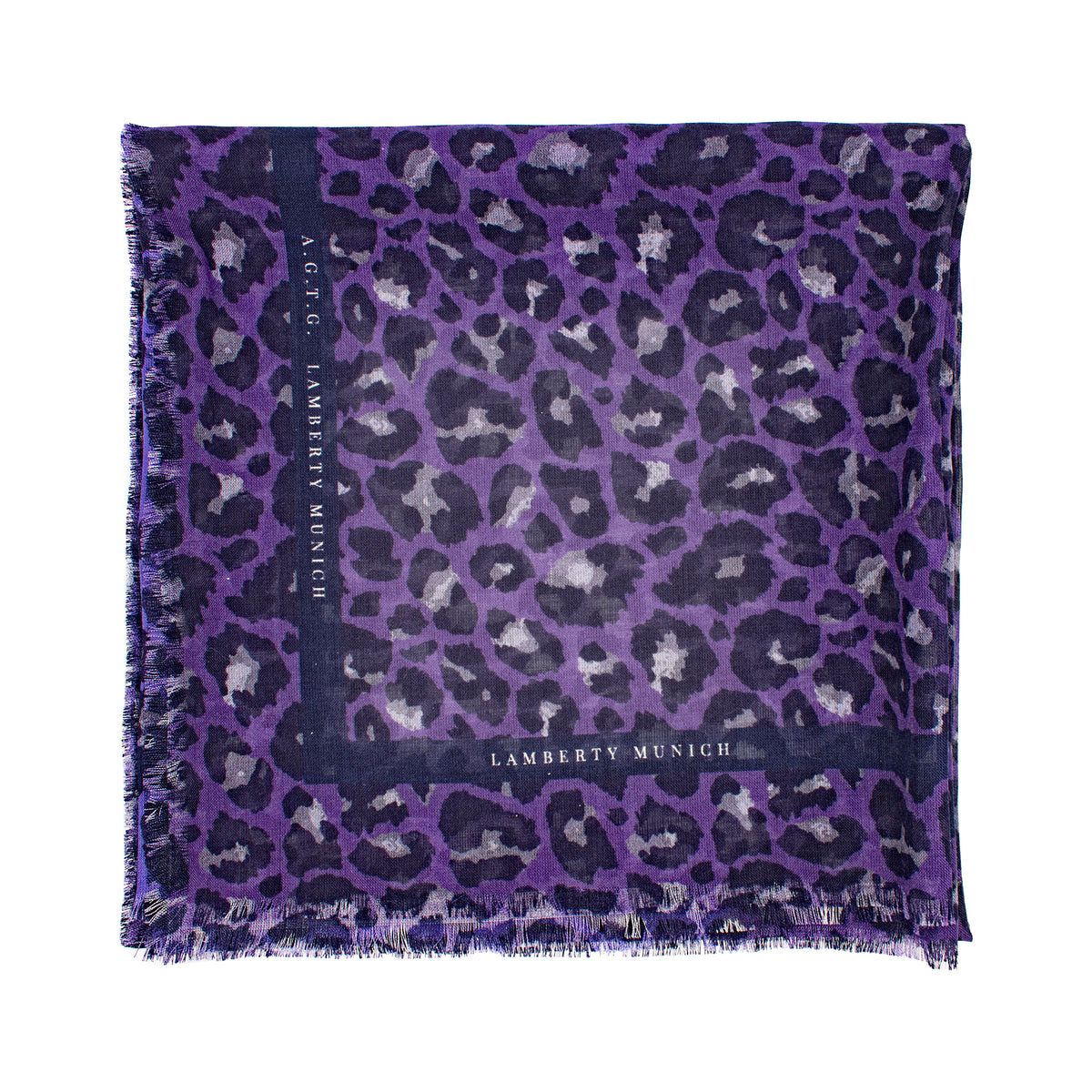 Violettes Savannah Leopard Seiden-Wolltuch zum Rechteck gefaltet, Schriftzug sichtbar