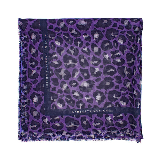 Violettes Savannah Leopard Seiden-Wolltuch zum Rechteck gefaltet, Schriftzug sichtbar