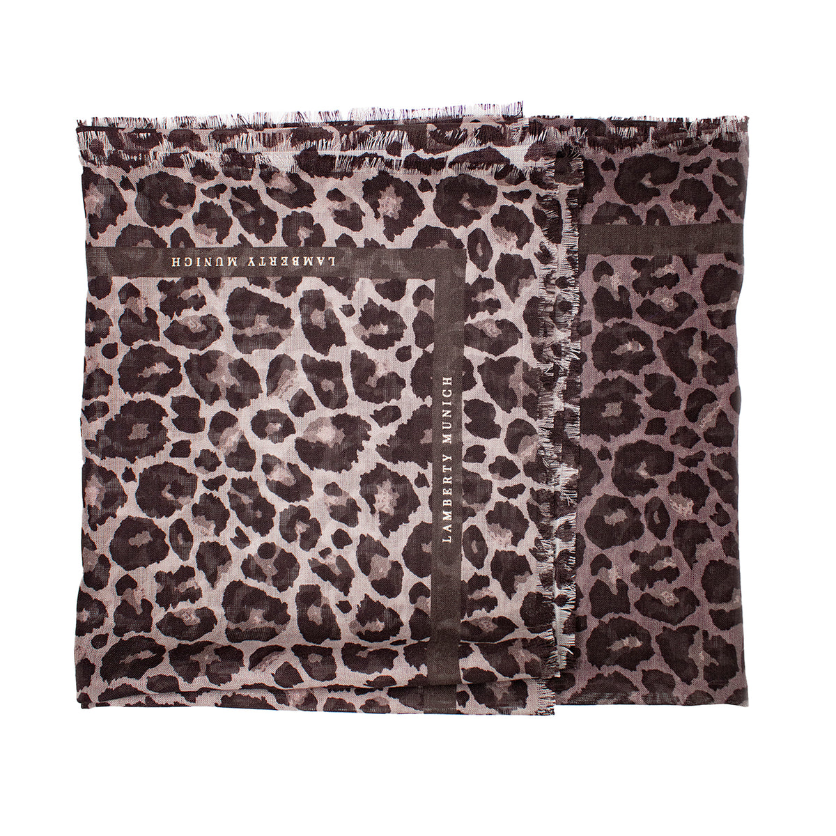 Taupefarbenes Savannah Leopard Seiden-Wolltuch zum Rechteck gefaltet, Schriftzug sichtbar