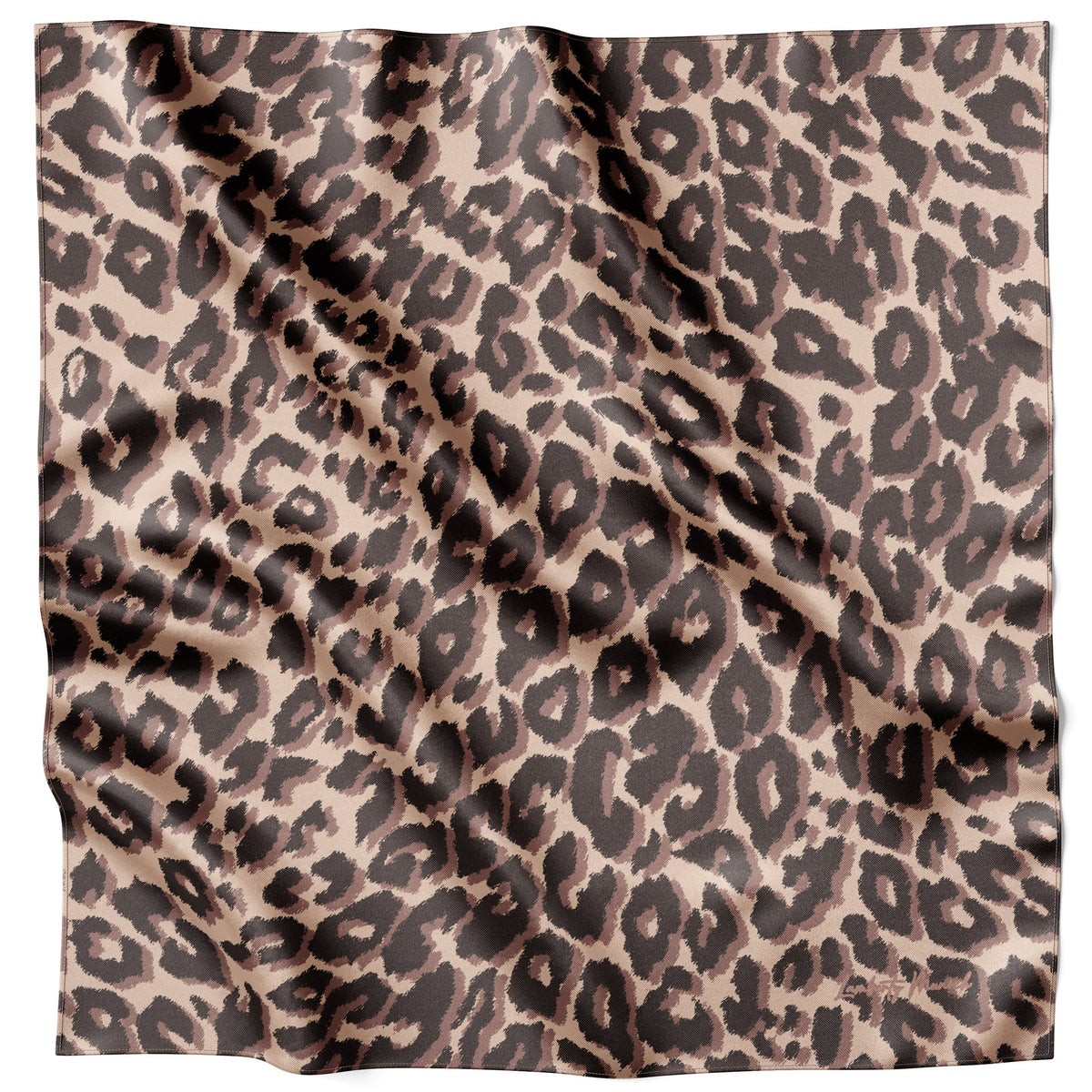 Braunes Smooth Cheetah Seidentuch 70 × 70 cm flach ausgelegt mit vollständigem Gepardenmuster