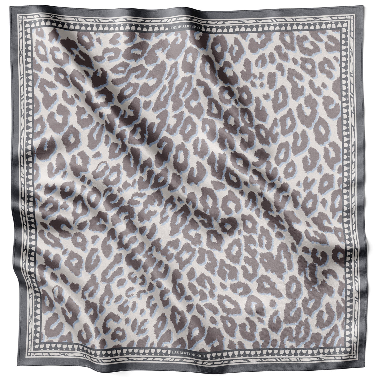 Graues Smooth Cheetah Seidentuch 70 × 70 cm flach ausgelegt mit gemusterter Bordüre