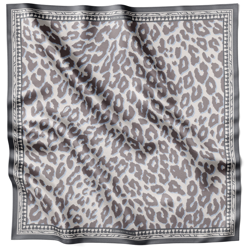Graues Smooth Cheetah Seidentuch 70 × 70 cm flach ausgelegt mit gemusterter Bordüre
