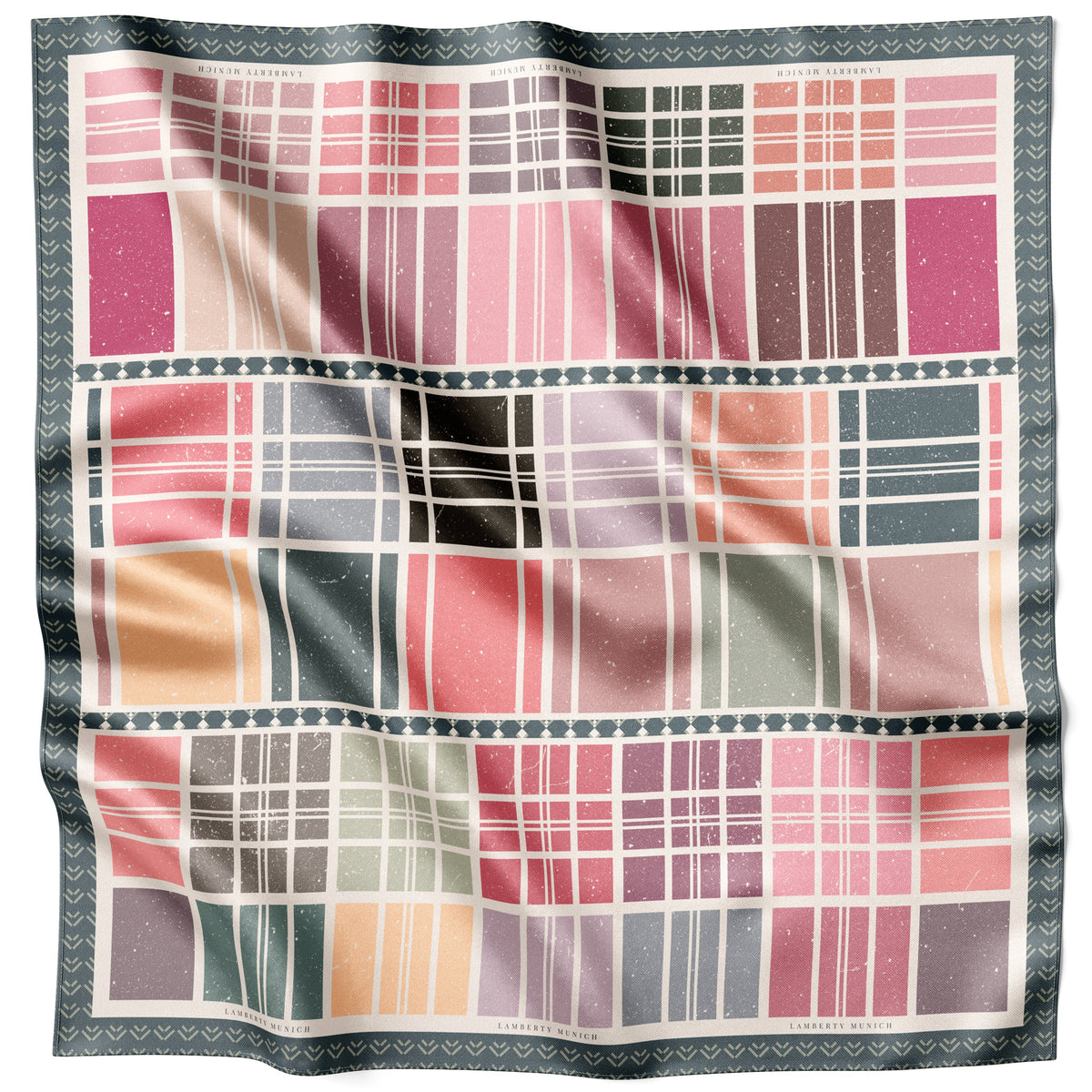 Kirschrotes Soft Grid Seidentuch 70 × 70 cm flach ausgelegt mit gemusterter Bordüre