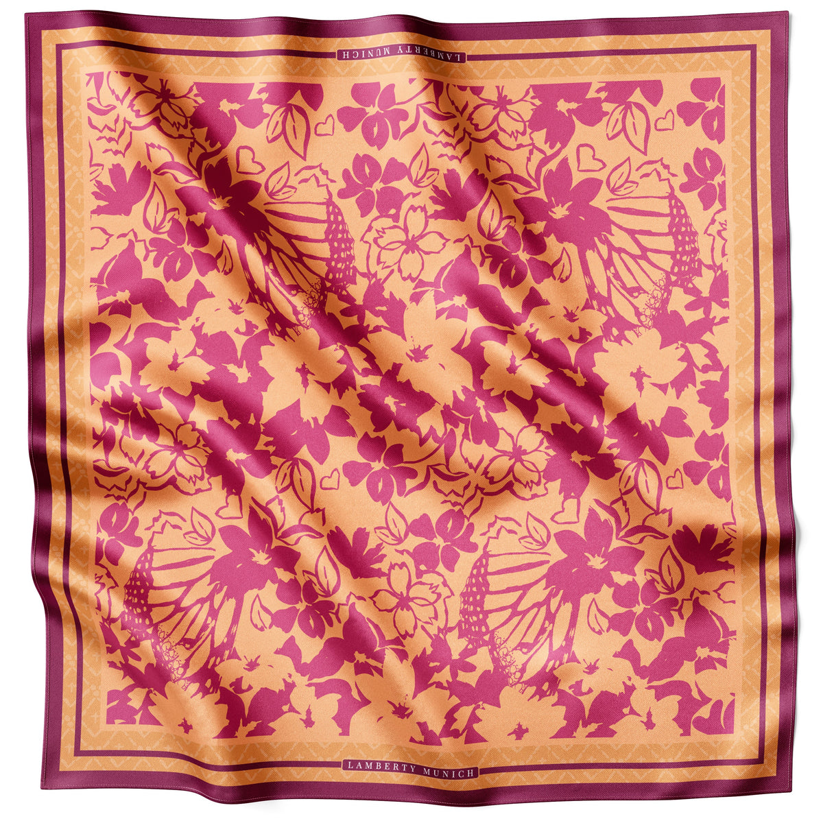 Orange Spring Florals In Bloom silk scarf laid flat with the lino-cut blossoms and border