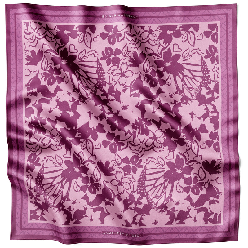 Violettes Spring Florals In Bloom Seidentuch flach ausgelegt mit Linolschnittblüten und Bordüre